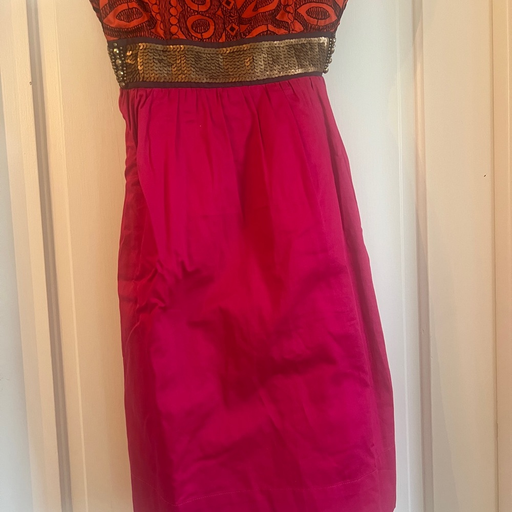 Pink and Orange Strapless Dress with Gold Accents